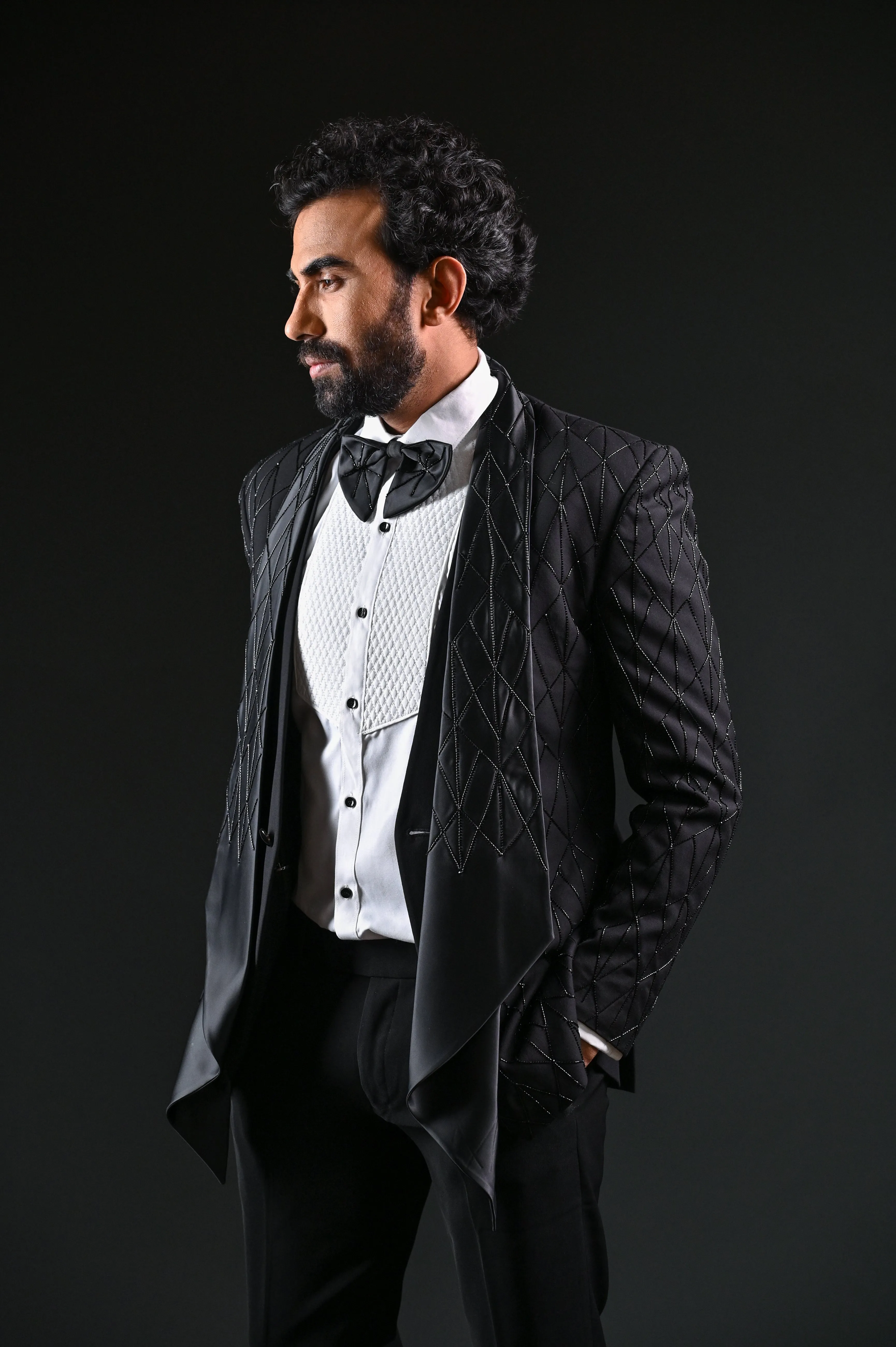 Black Cutdana Work Tuxedo Suits for Men