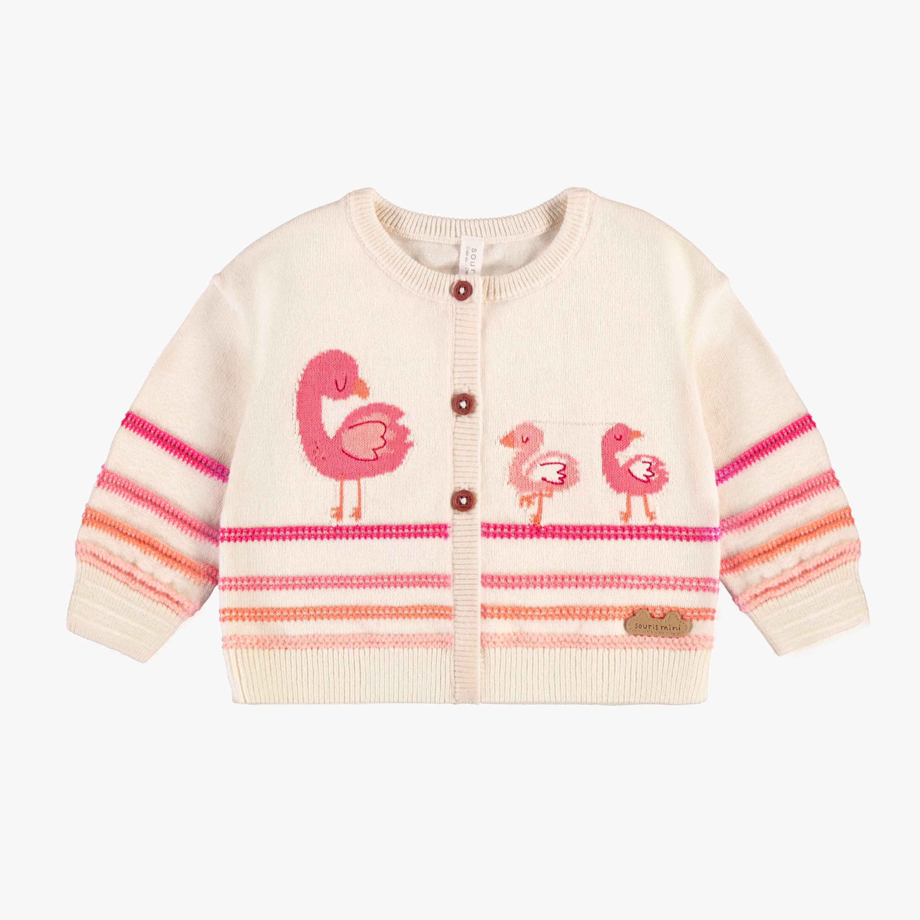 Cardigan crème en tricot avec flamants et rayures, naissance || Cream knit cardigan with flamingos and stripes, newborn