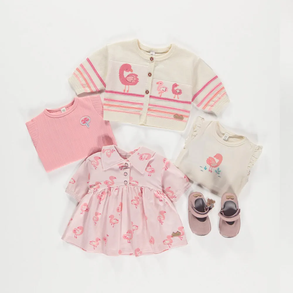 Cardigan crème en tricot avec flamants et rayures, naissance || Cream knit cardigan with flamingos and stripes, newborn