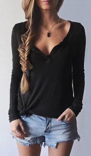 Clearance Ribbed Knit V-neck Pure Color Long Sleeves Sweater