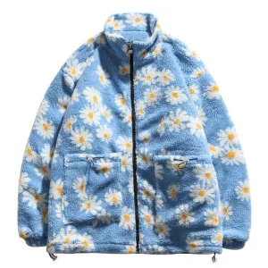 Cotton Padded Thick Parkas Jackets Daisy Print Fleece Warm Full Zip Coats