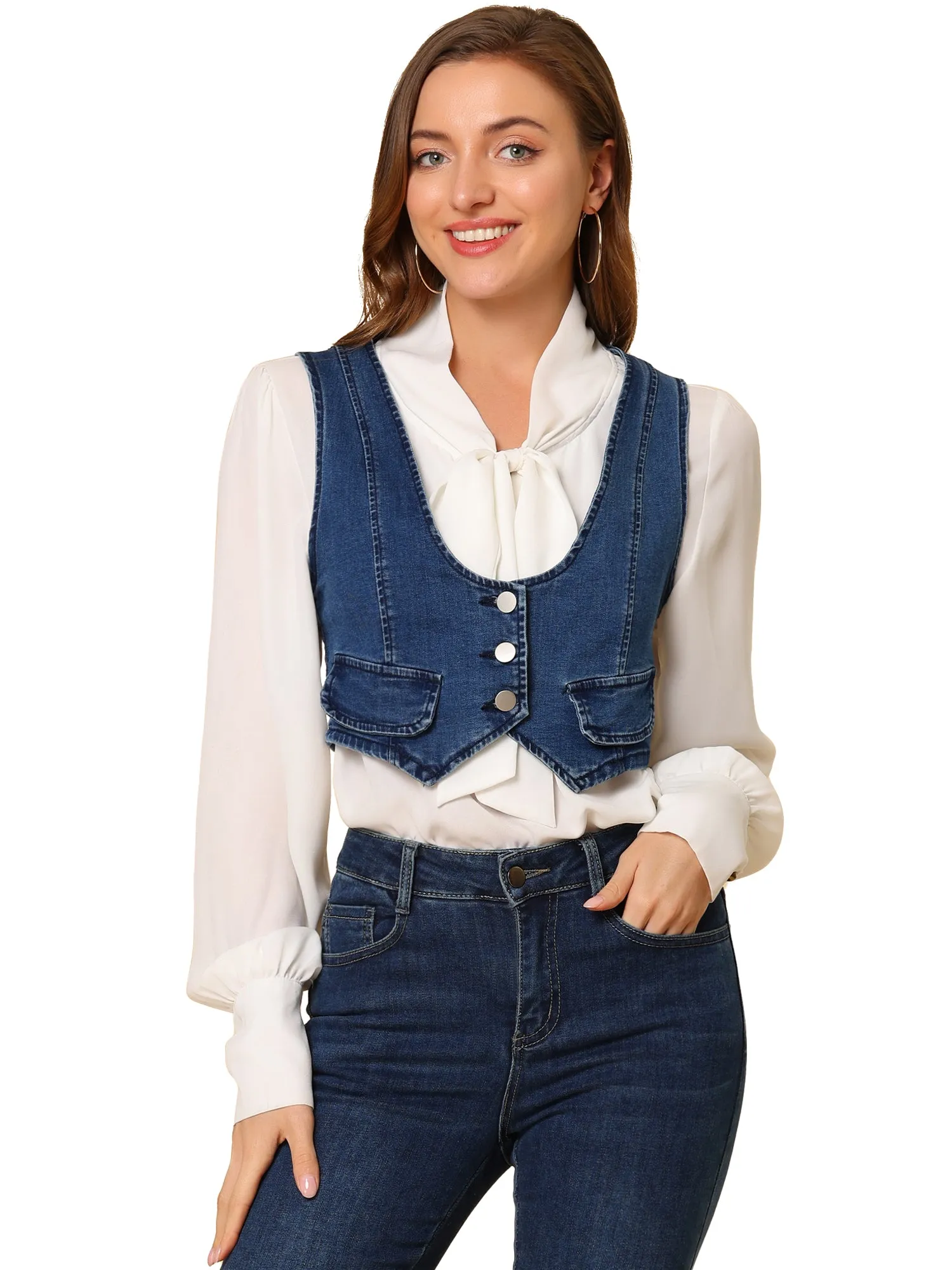 Denim Vintage Button Up Sleeveless Crop Jean Waistcoat Vest