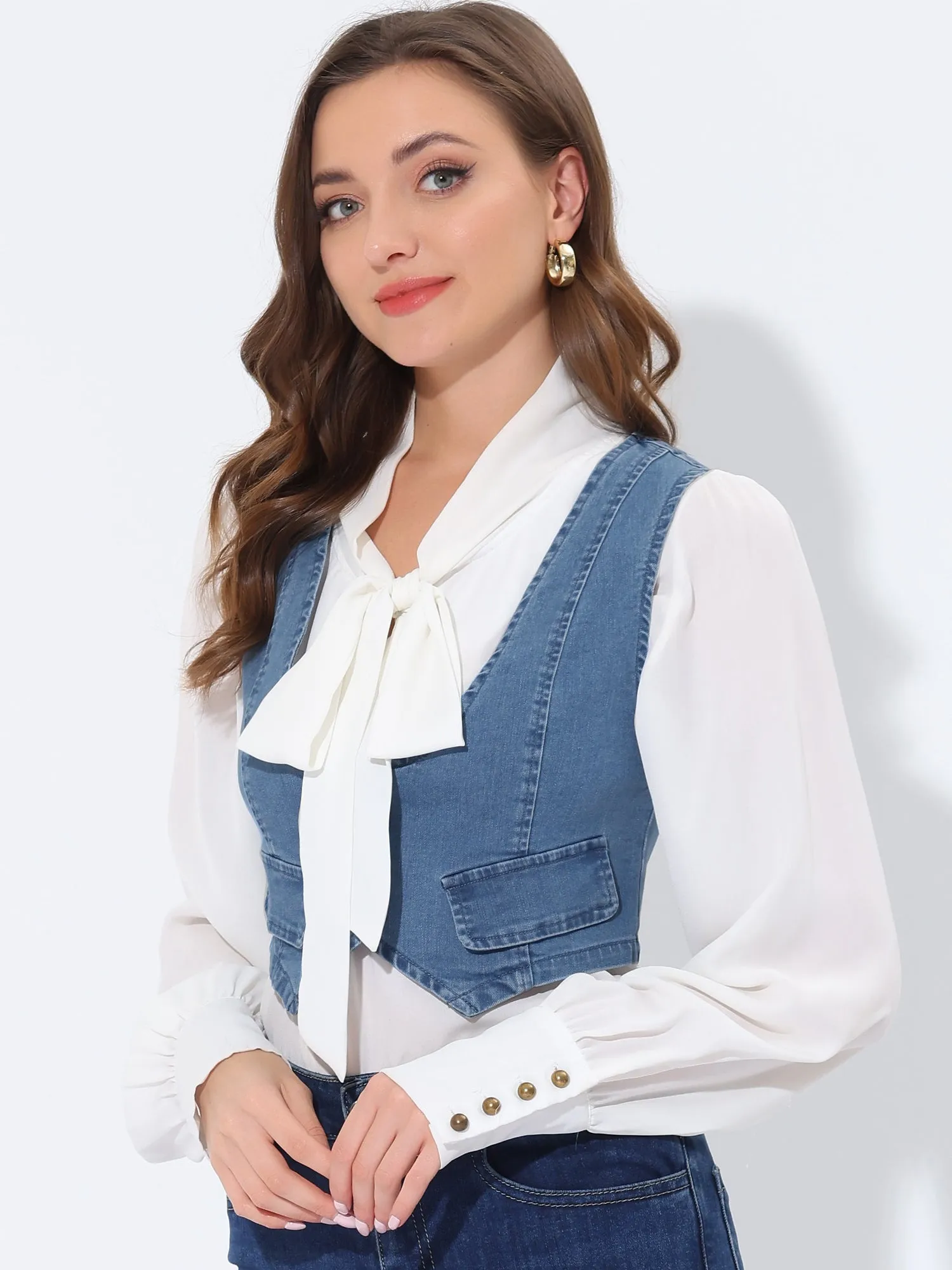 Denim Vintage Button Up Sleeveless Crop Jean Waistcoat Vest