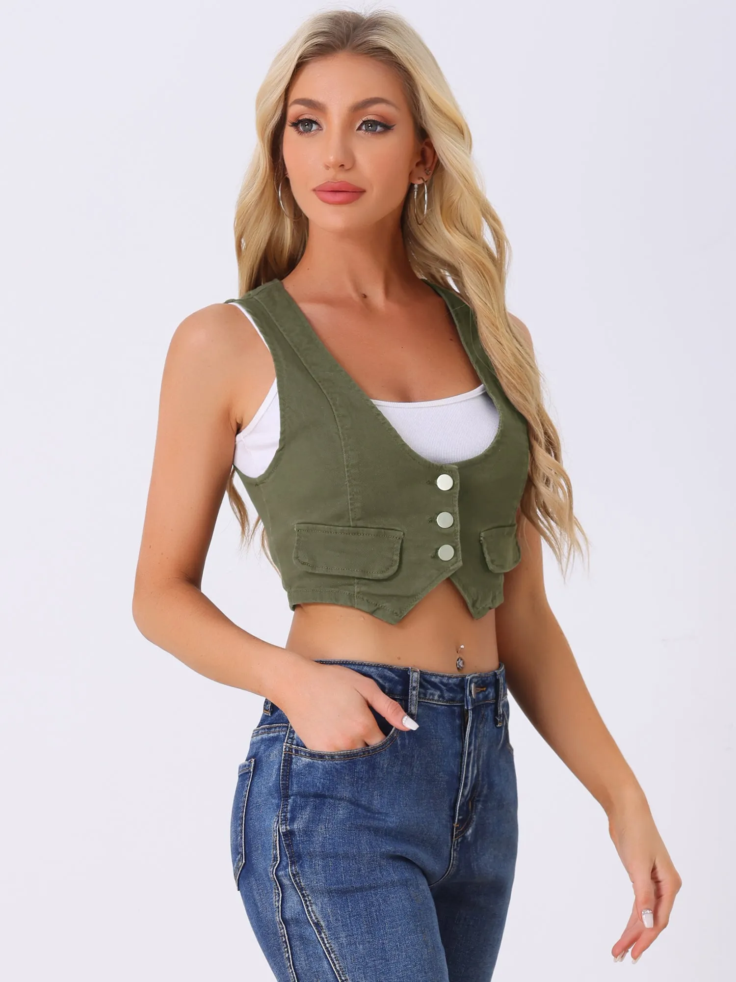 Denim Vintage Button Up Sleeveless Crop Jean Waistcoat Vest