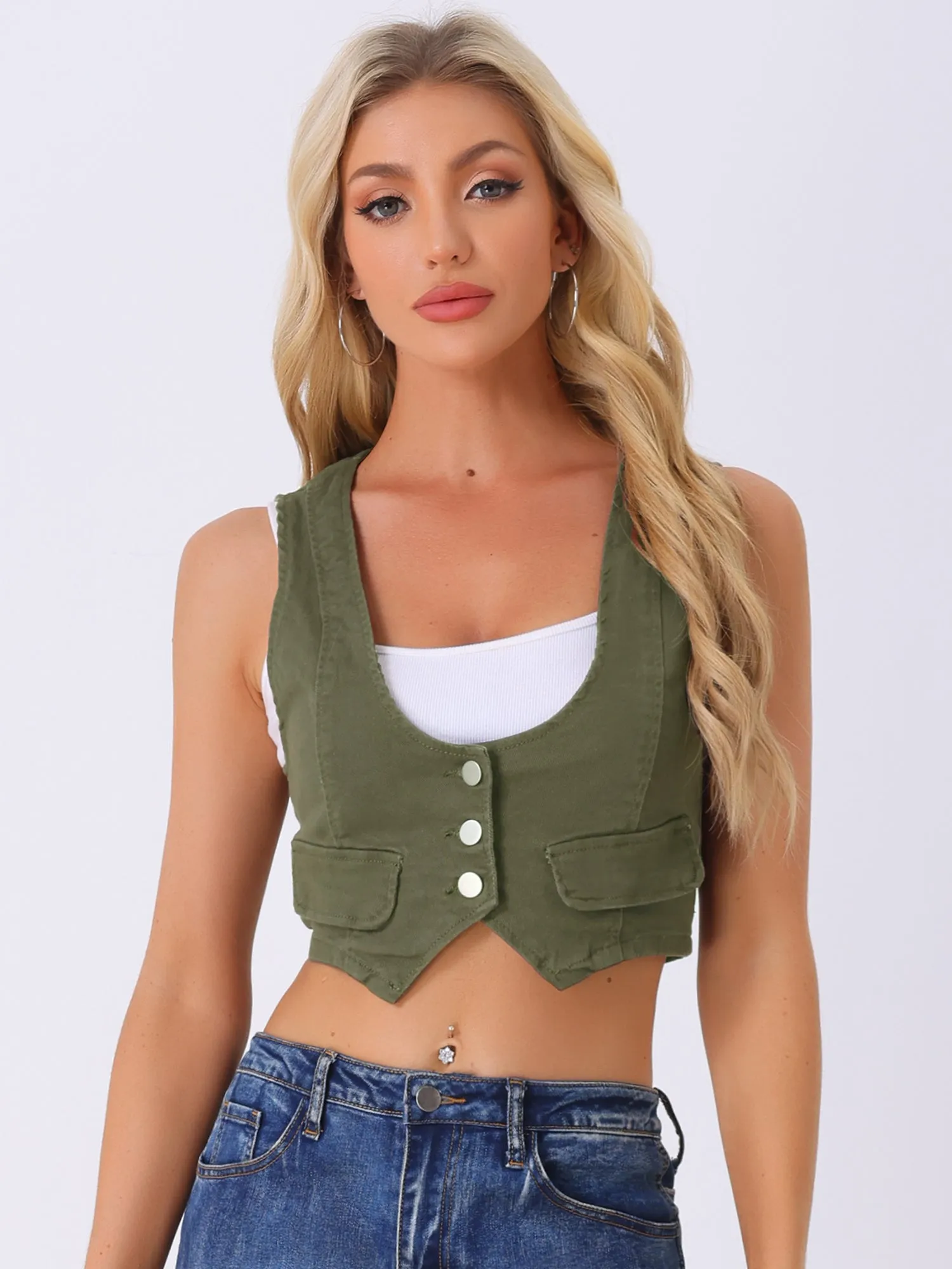 Denim Vintage Button Up Sleeveless Crop Jean Waistcoat Vest