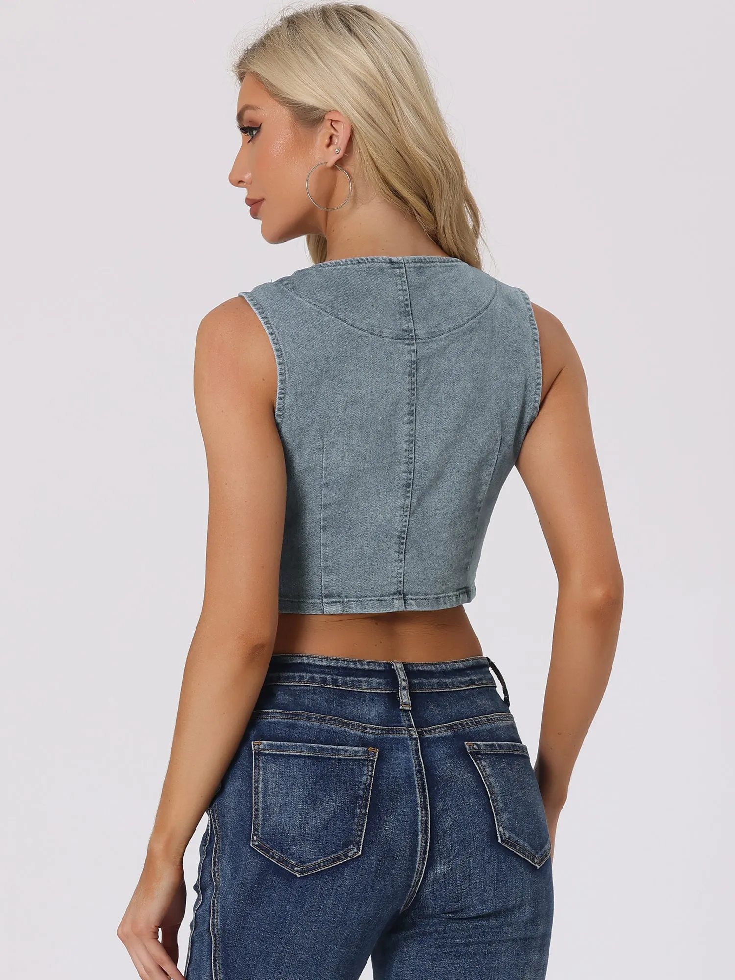 Denim Vintage Button Up Sleeveless Crop Jean Waistcoat Vest