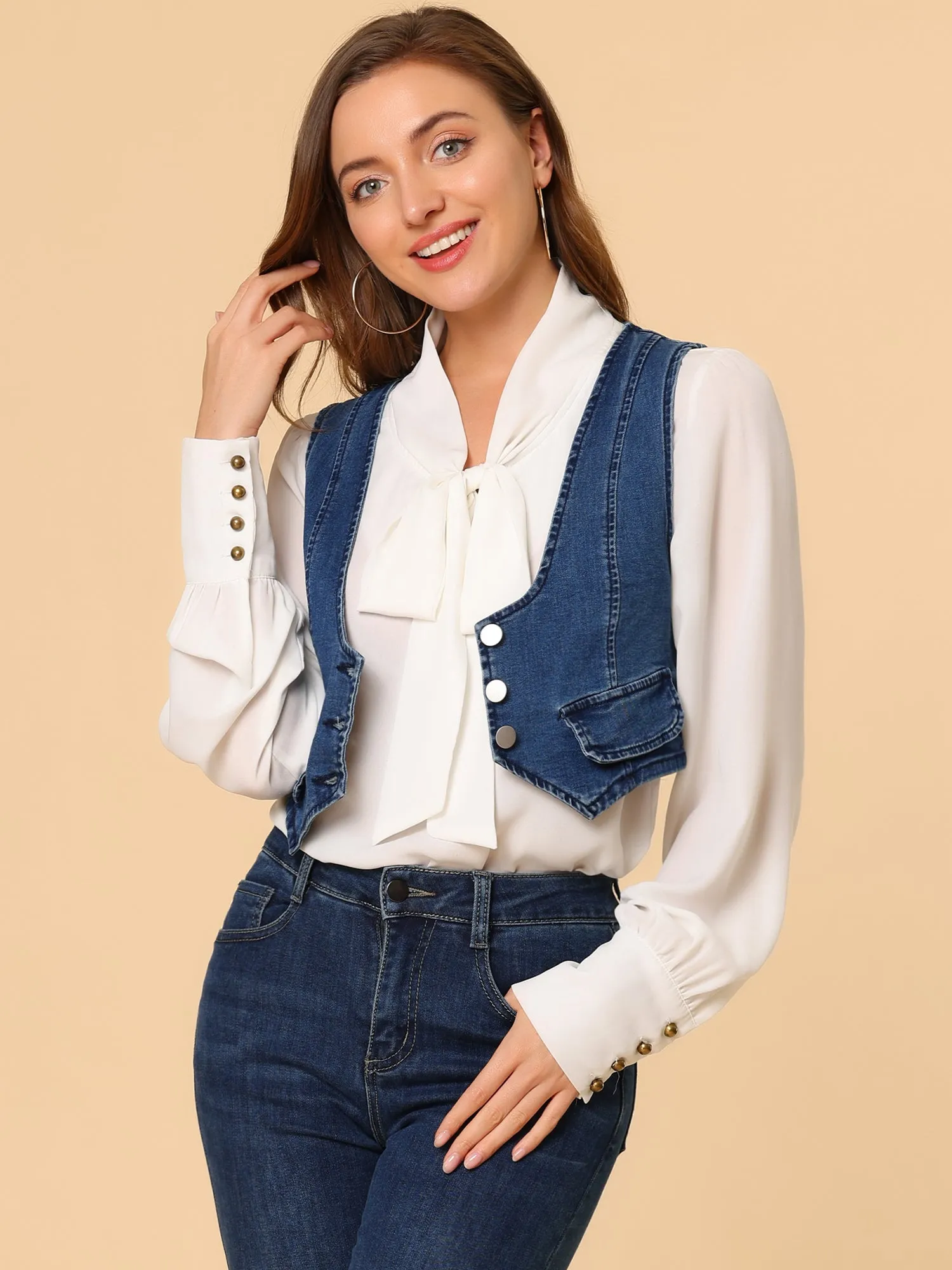 Denim Vintage Button Up Sleeveless Crop Jean Waistcoat Vest