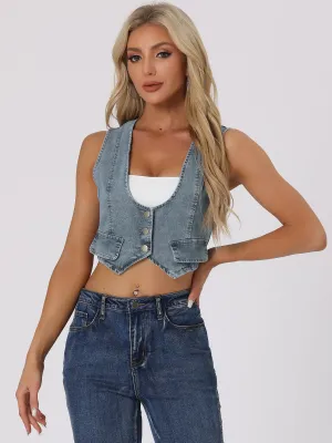 Denim Vintage Button Up Sleeveless Crop Jean Waistcoat Vest