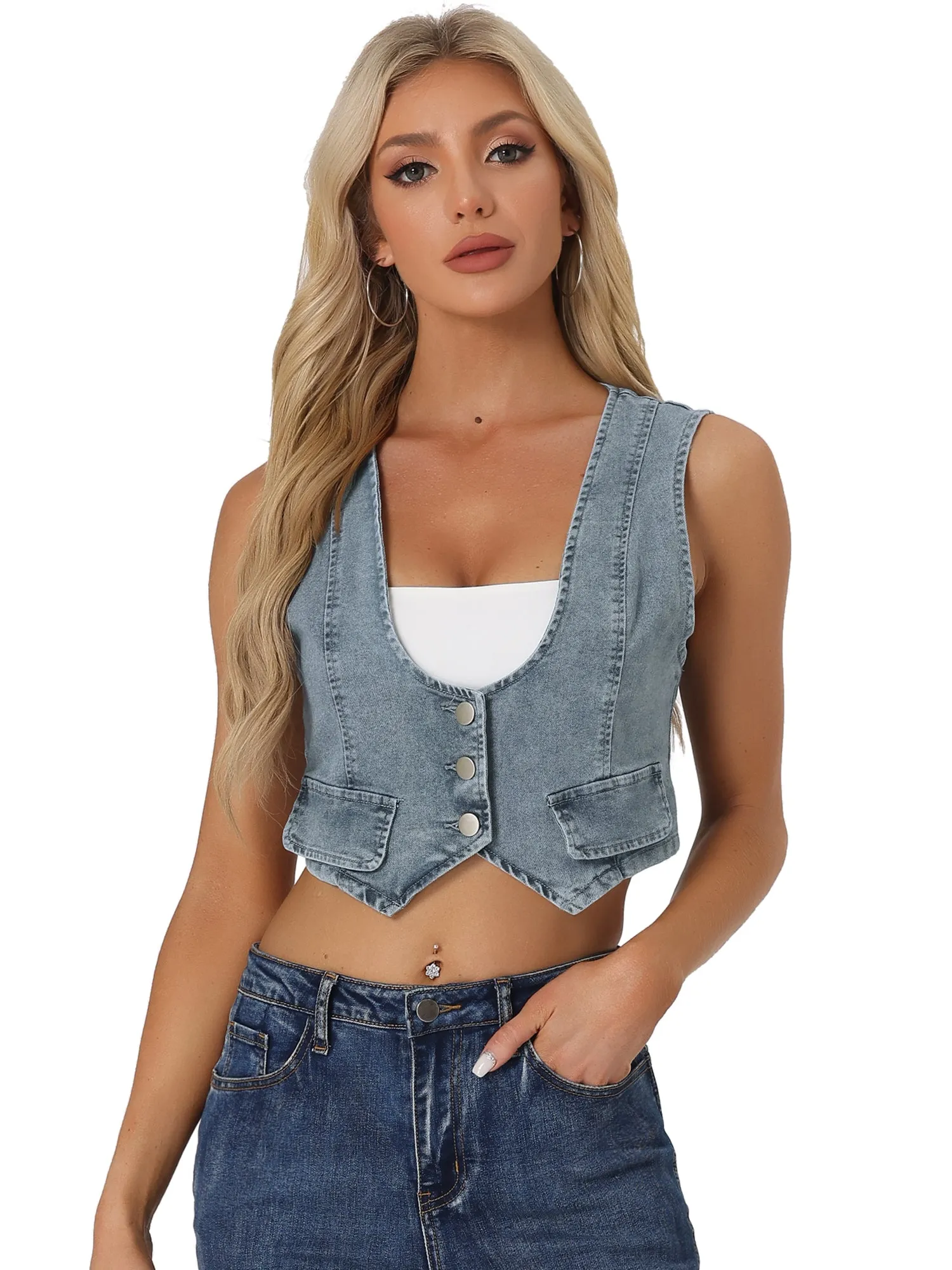 Denim Vintage Button Up Sleeveless Crop Jean Waistcoat Vest