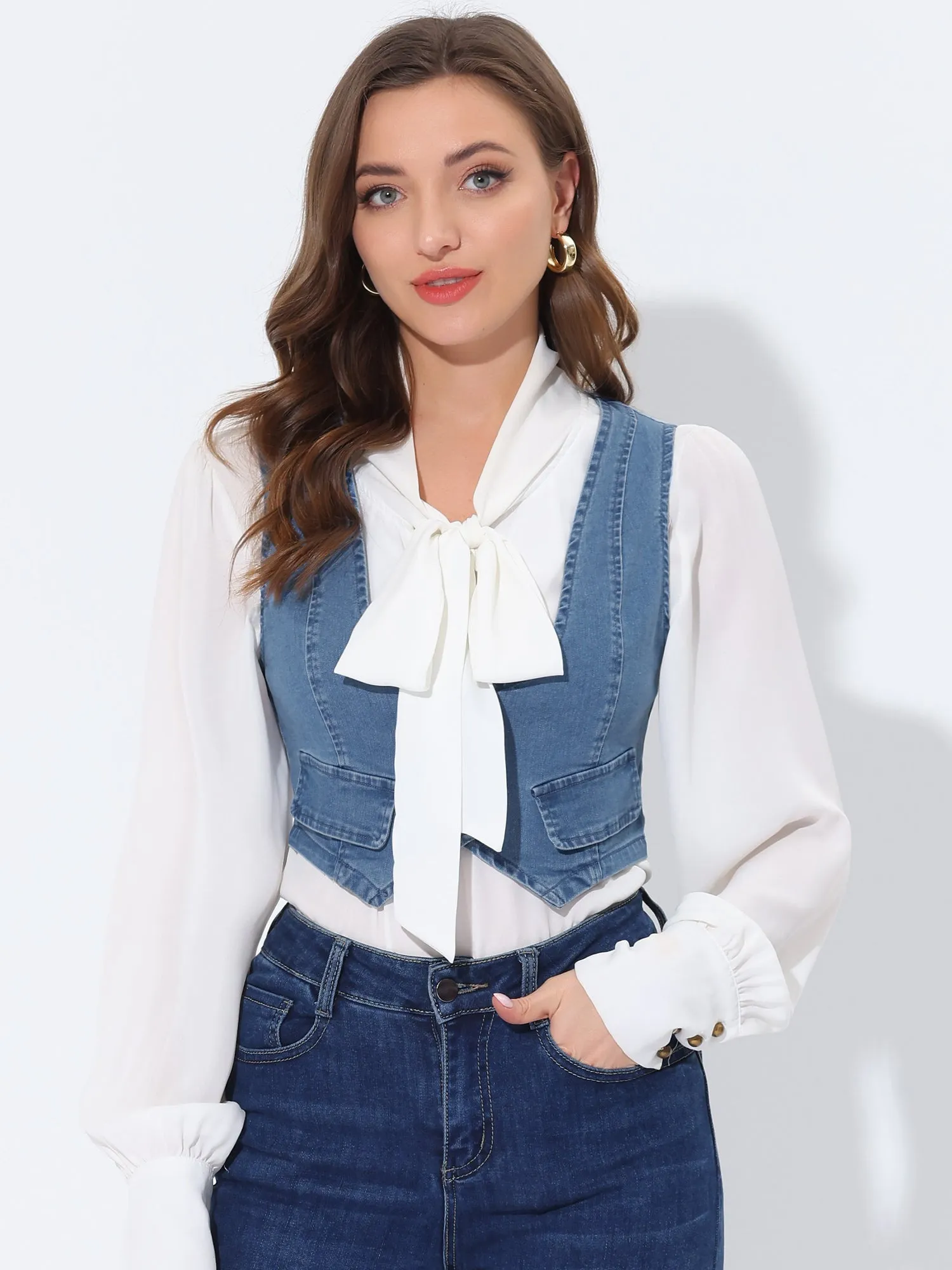 Denim Vintage Button Up Sleeveless Crop Jean Waistcoat Vest