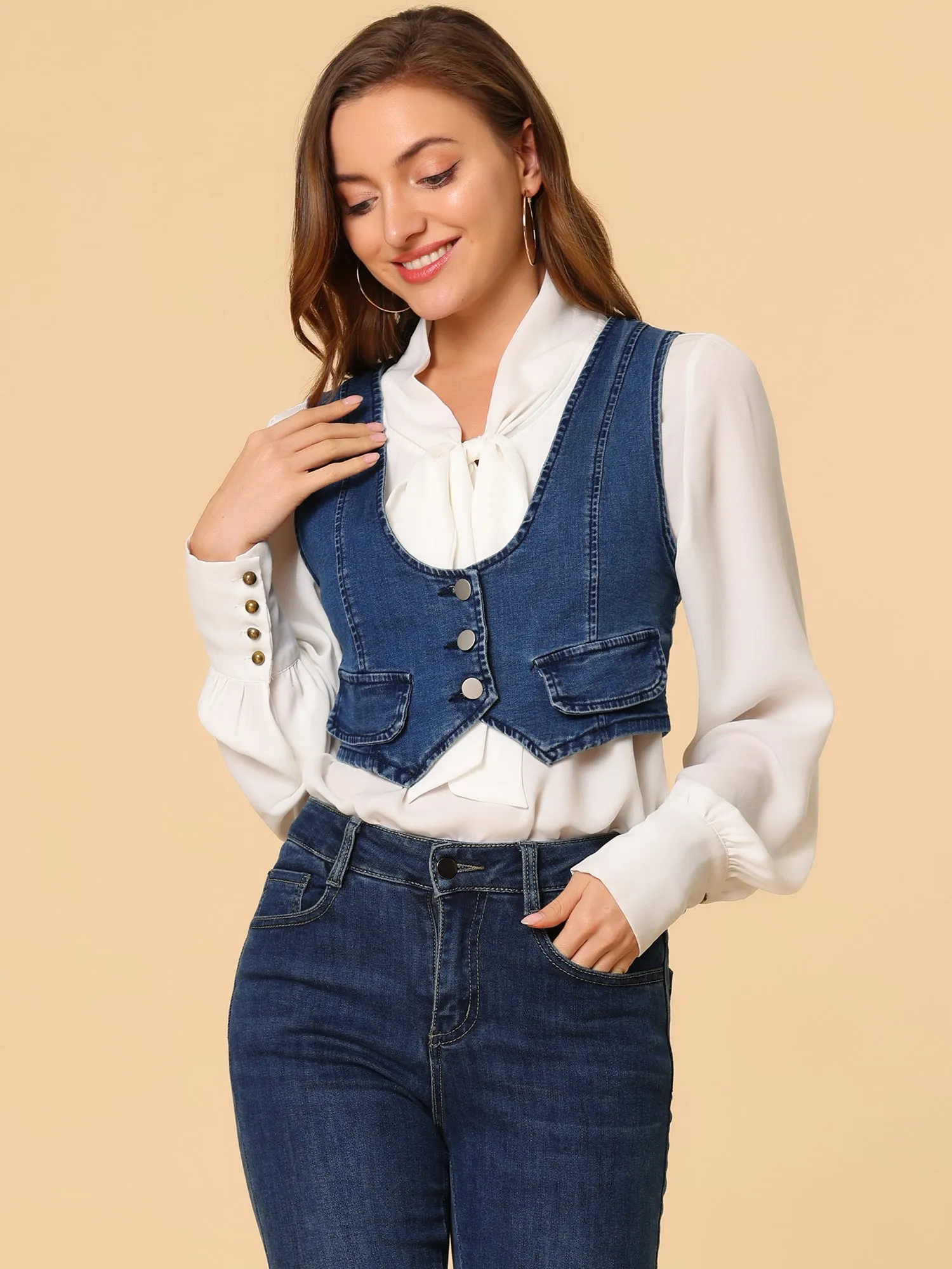 Denim Vintage Button Up Sleeveless Crop Jean Waistcoat Vest