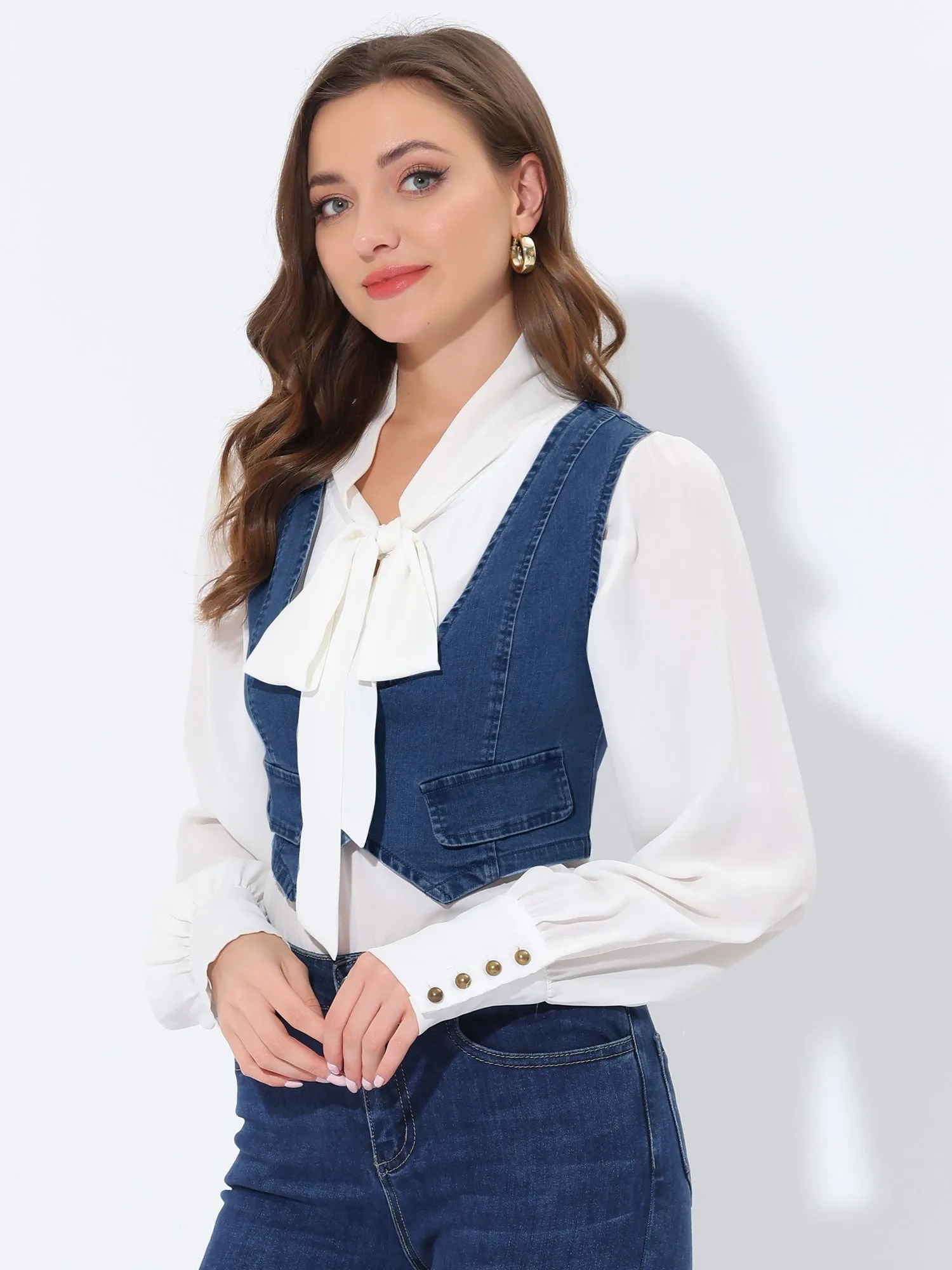 Denim Vintage Button Up Sleeveless Crop Jean Waistcoat Vest