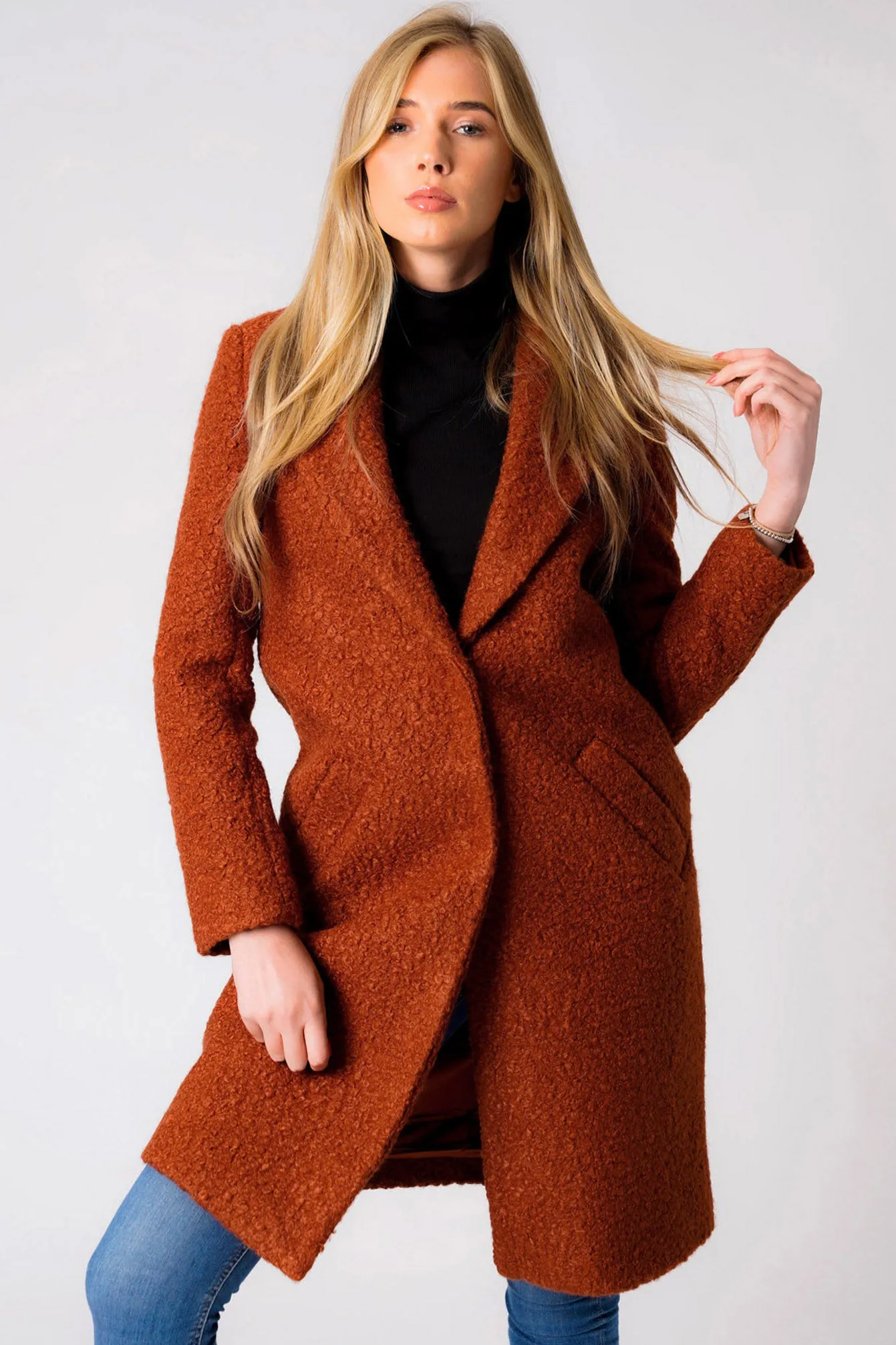 Fortune Textured Boucle Longline Midi Coat In Arabian Spice - Tokyo Laundry