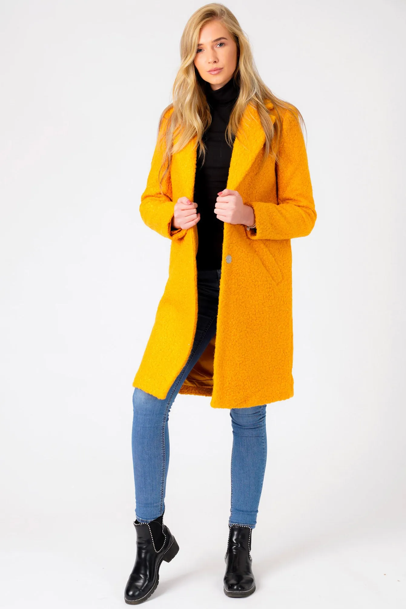 Fortune Textured Boucle Longline Midi Coat In Sunflower - Tokyo Laundry