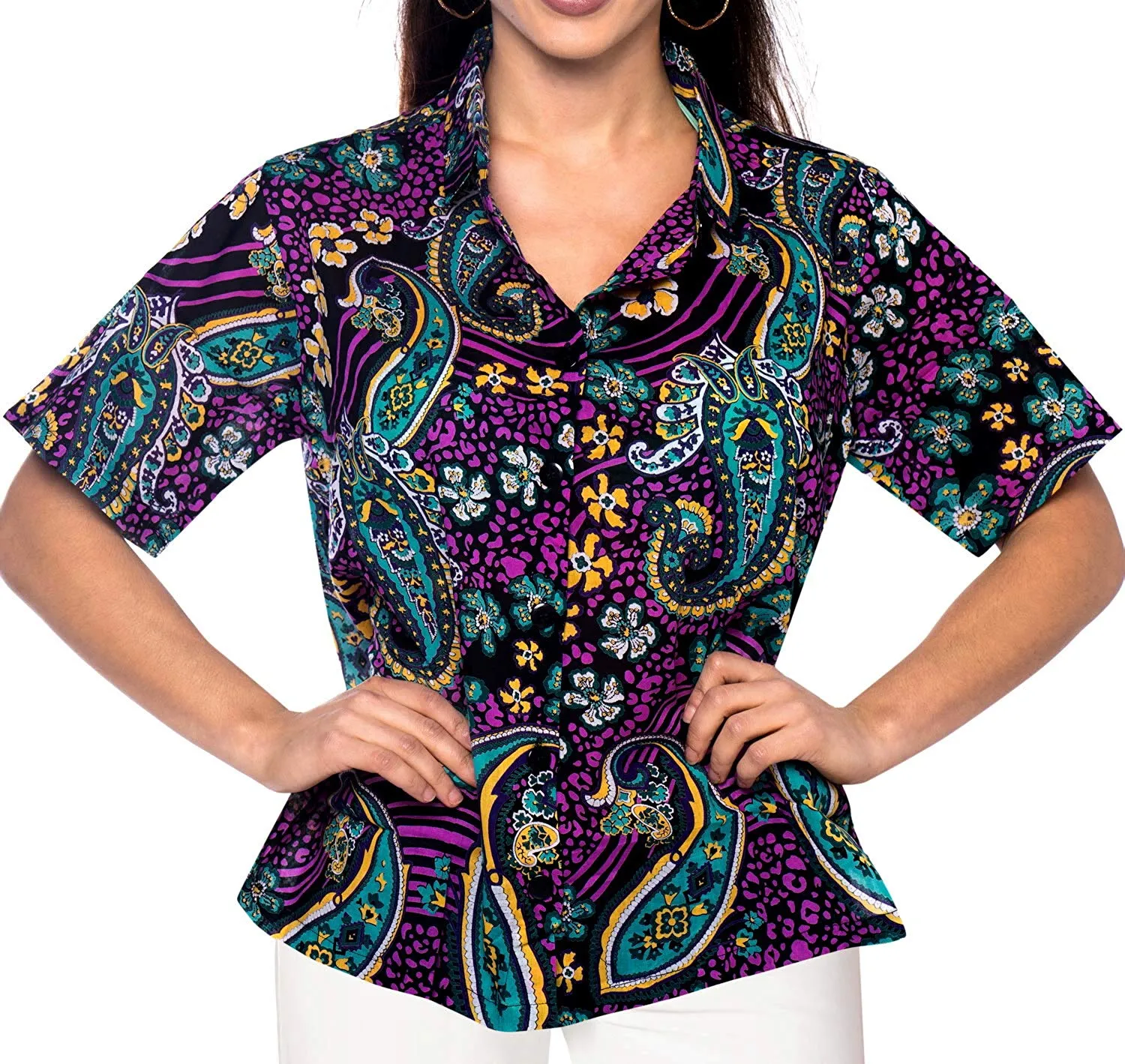 LA LEELA Women Beach Blouse Button Down Relax Camp Casual Shirt Funky Prints