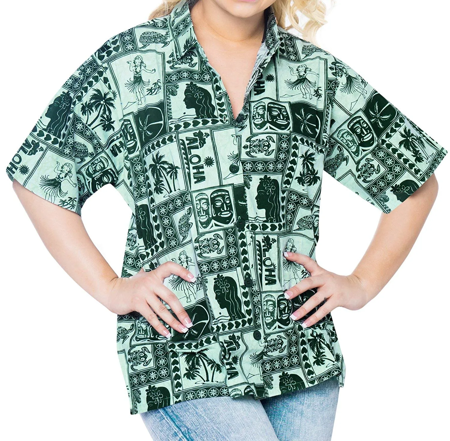 LA LEELA Women Beach Blouse Button Down Relax Camp Casual Shirt Funky Prints