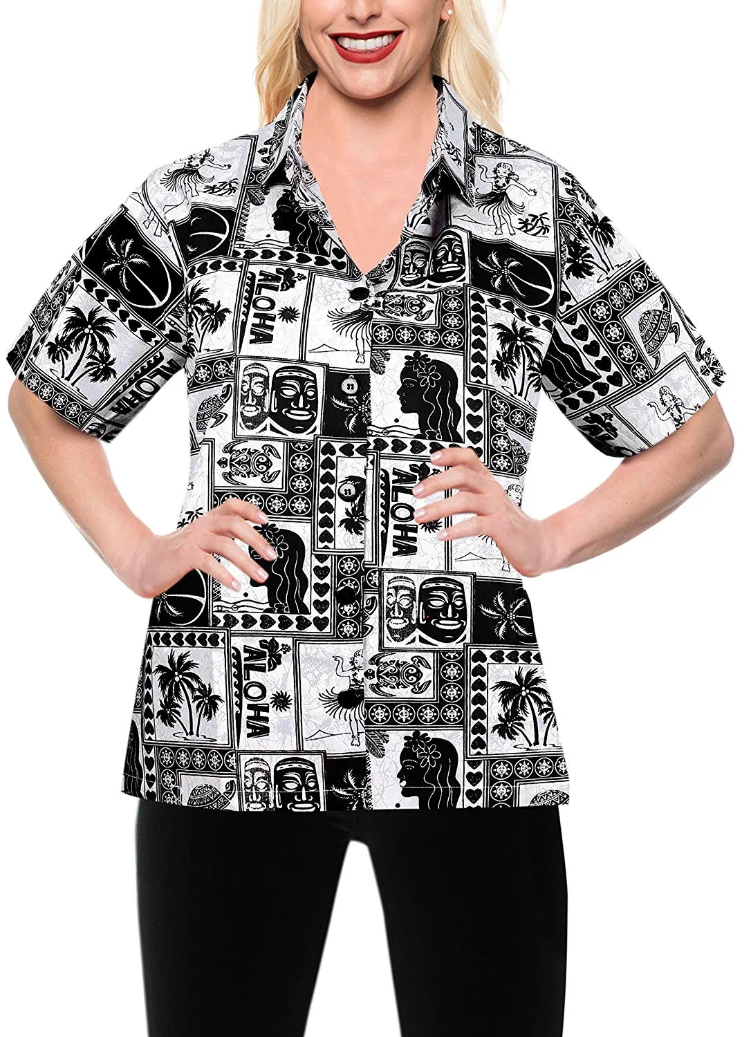 LA LEELA Women Beach Blouse Button Down Relax Camp Casual Shirt Funky Prints