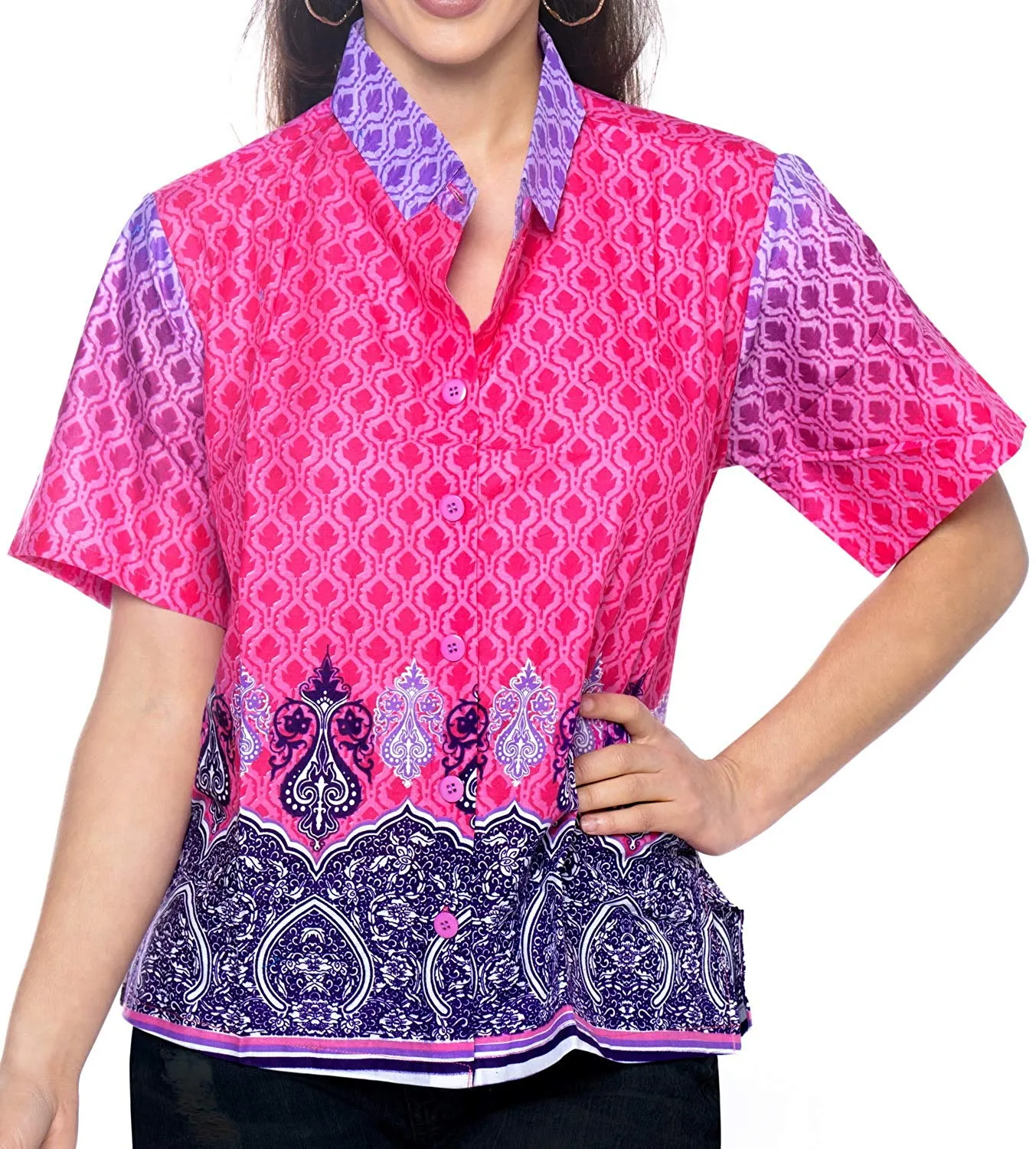 LA LEELA Women Beach Blouse Button Down Relax Camp Casual Shirt Funky Prints