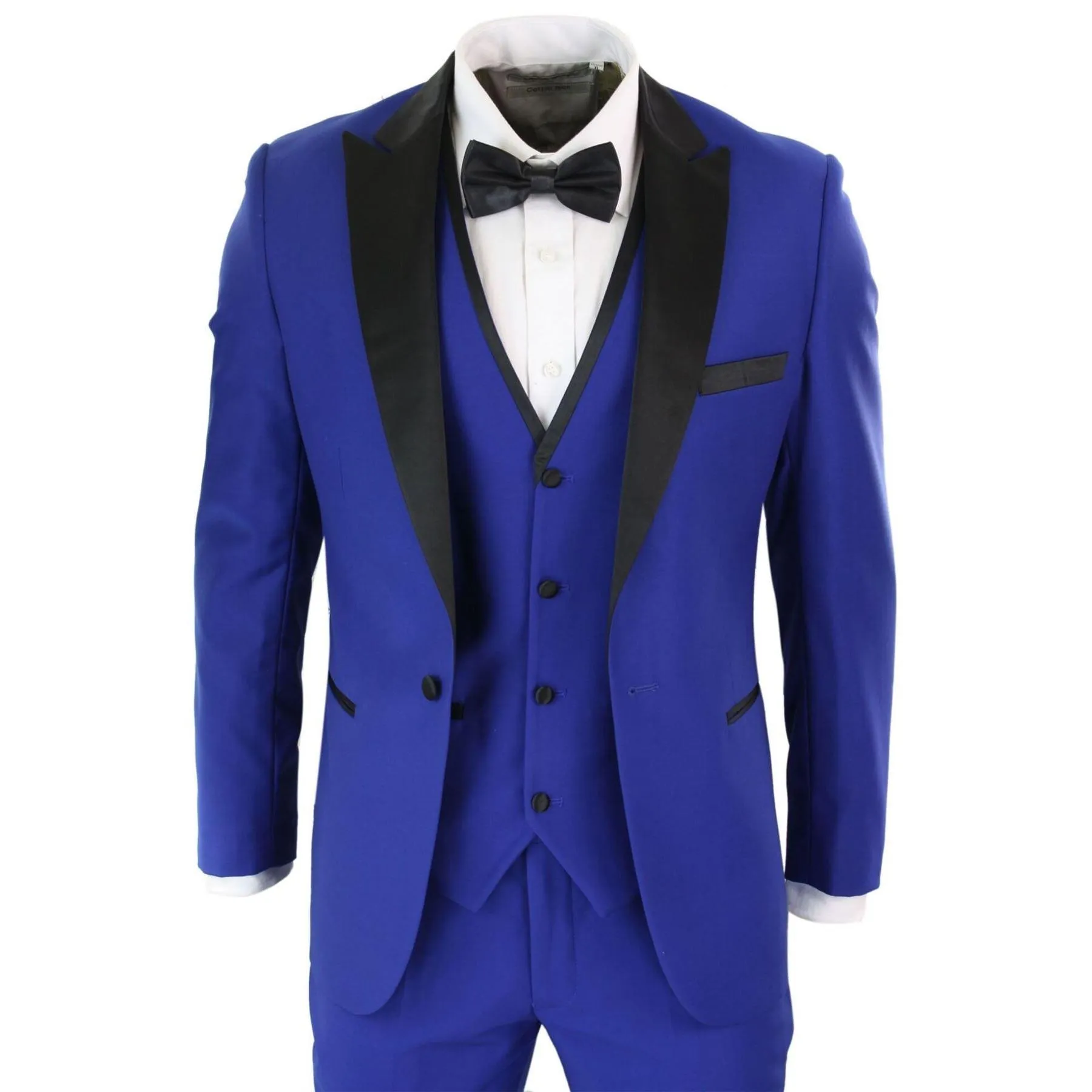 Mens 3 Piece Blue Black Satin Tuxedo Dinner Suit Tailored Fit Wedding Prom Groom