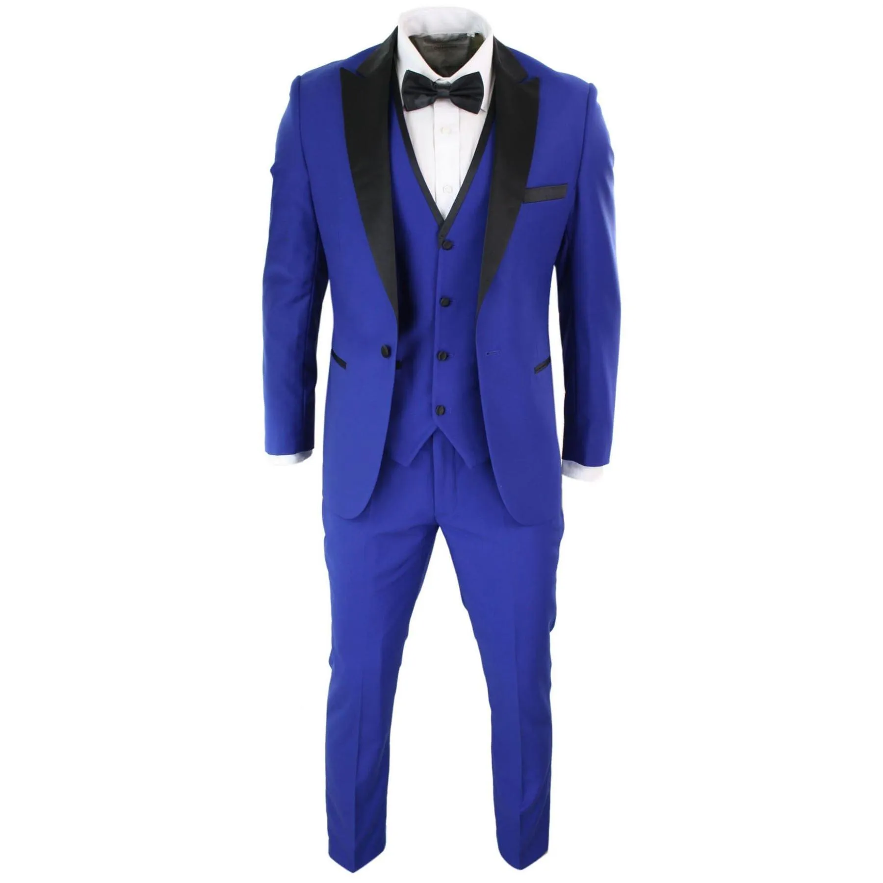 Mens 3 Piece Blue Black Satin Tuxedo Dinner Suit Tailored Fit Wedding Prom Groom