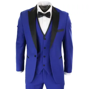 Mens 3 Piece Blue Black Satin Tuxedo Dinner Suit Tailored Fit Wedding Prom Groom