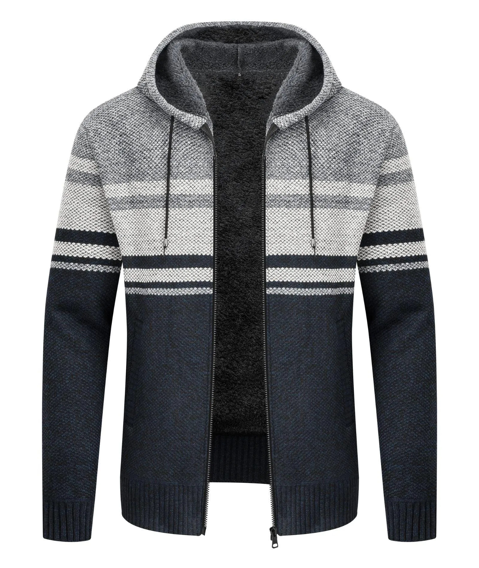 Men's Full Zip Up Stripe Fleece Hoodie-ZPK005859