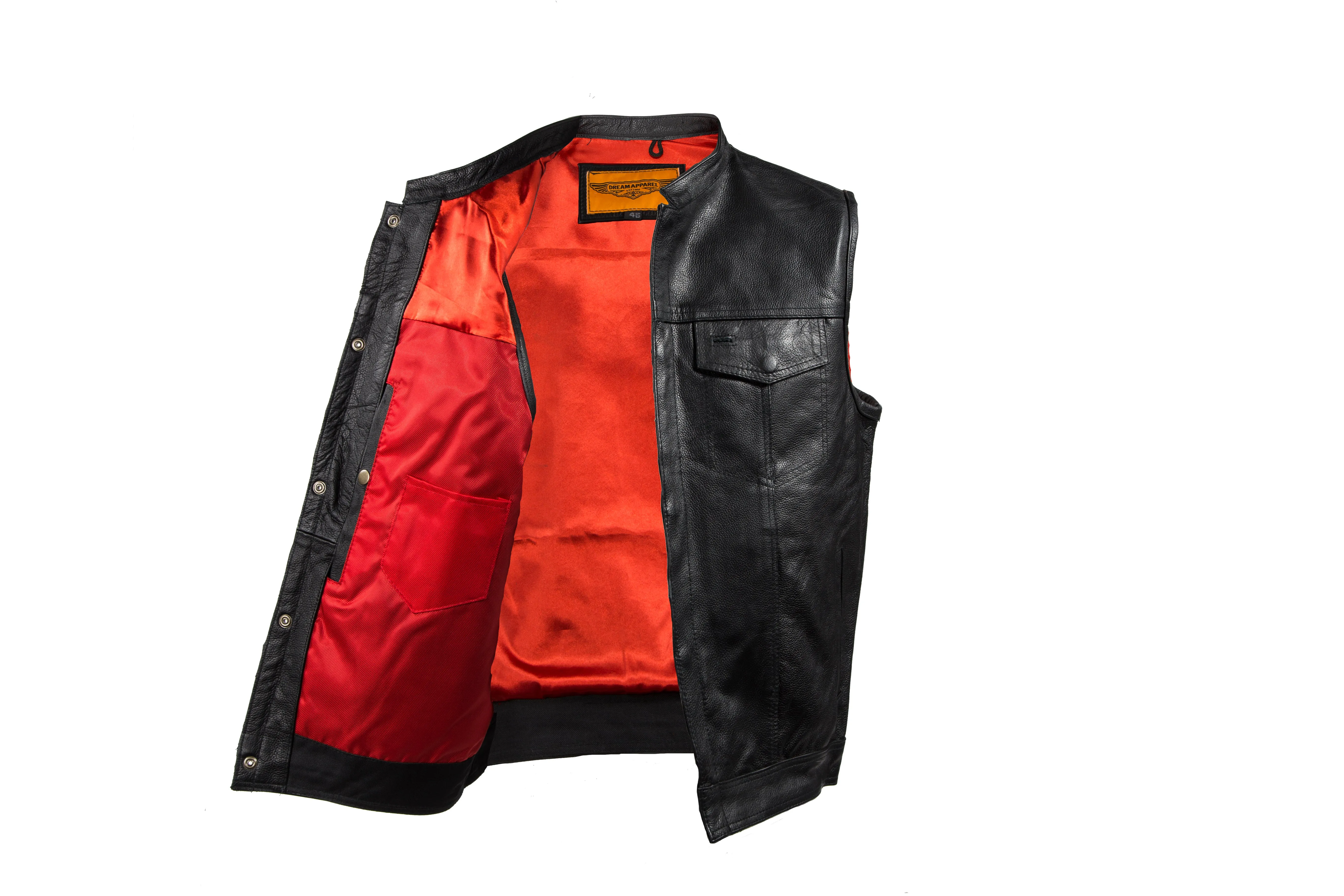 Mens Motorcycle Club Leather Vest With Red Liner & Gun Pocket