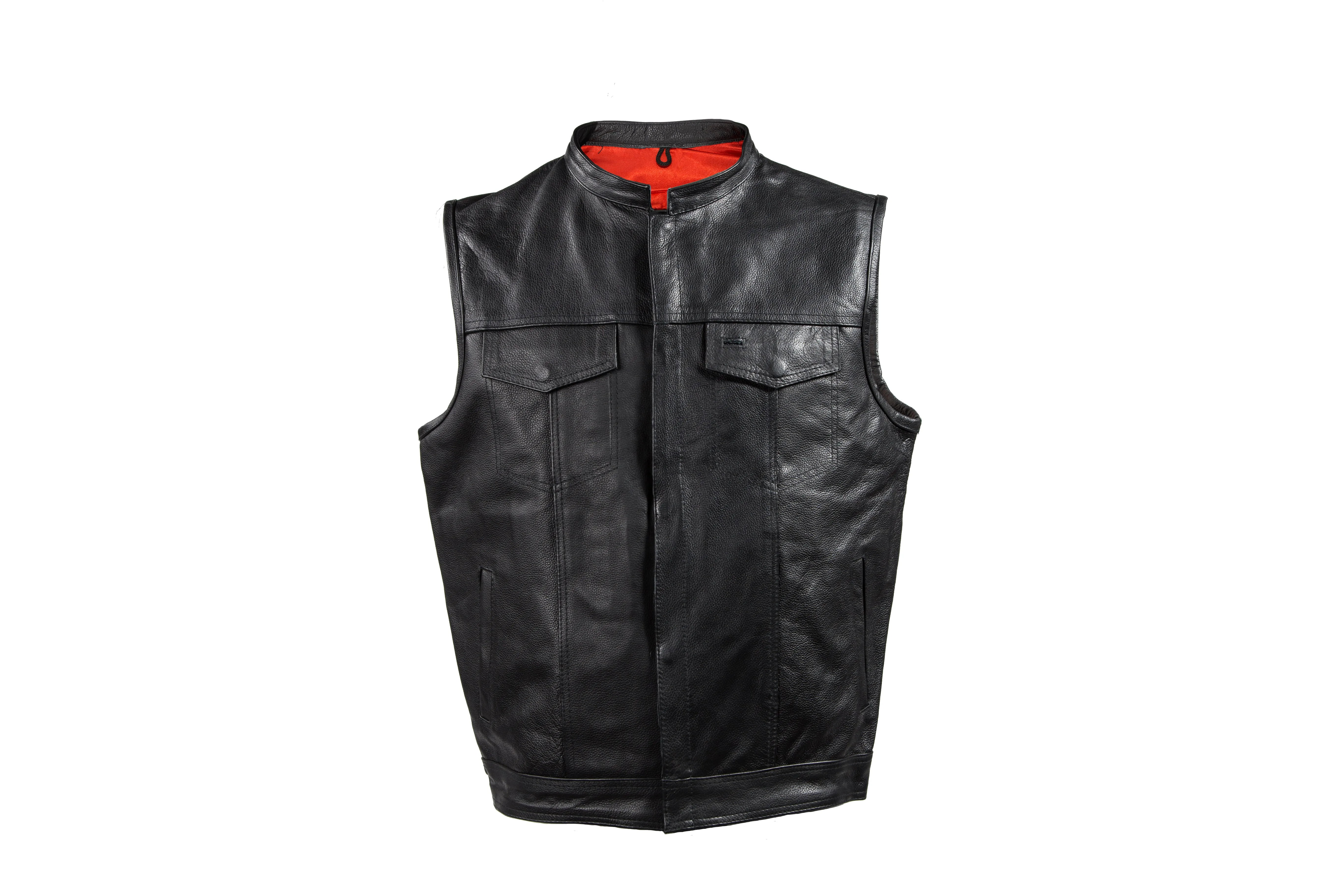 Mens Motorcycle Club Leather Vest With Red Liner & Gun Pocket