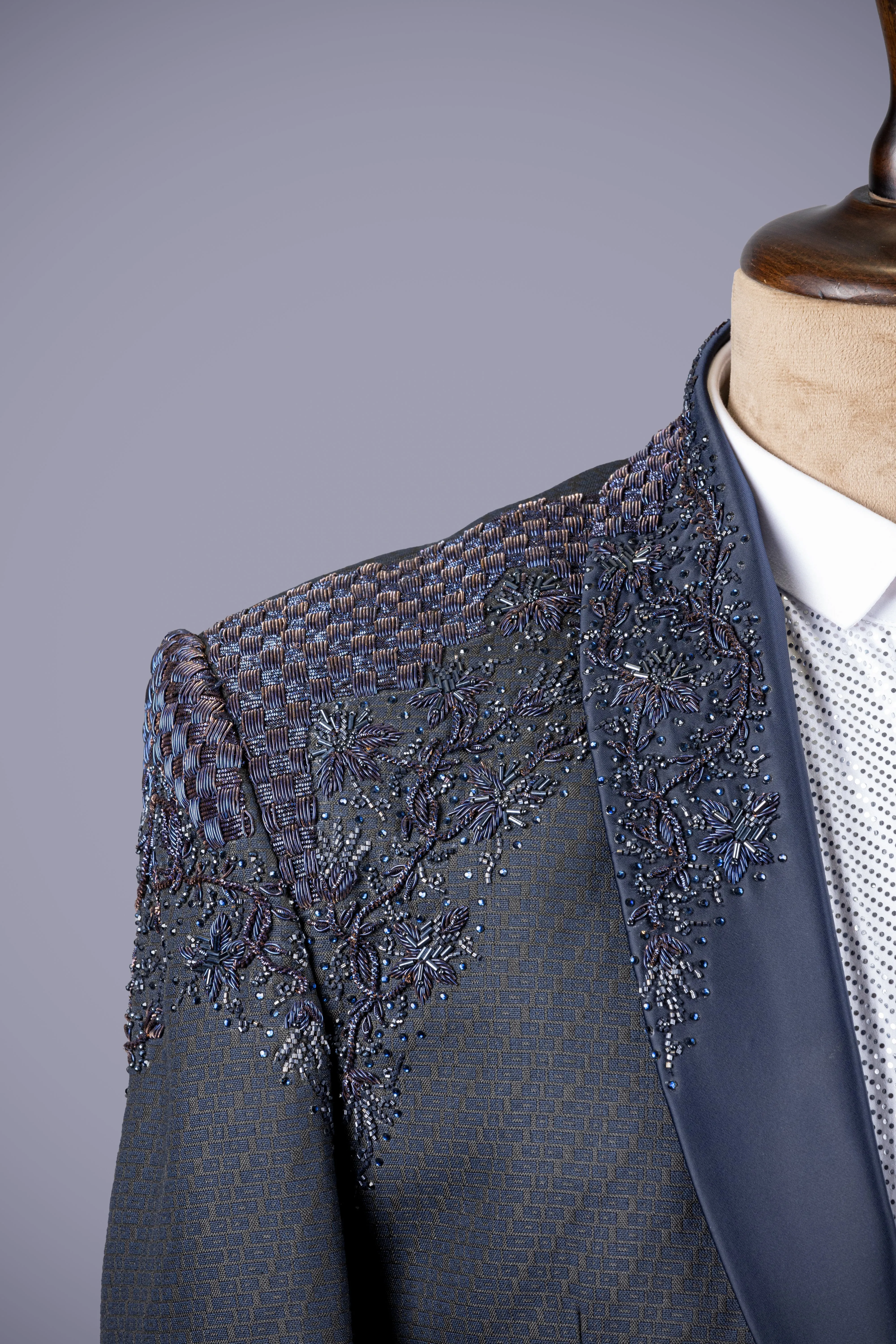 Navy Blue 3-Piece Suit with Hand Embroidery