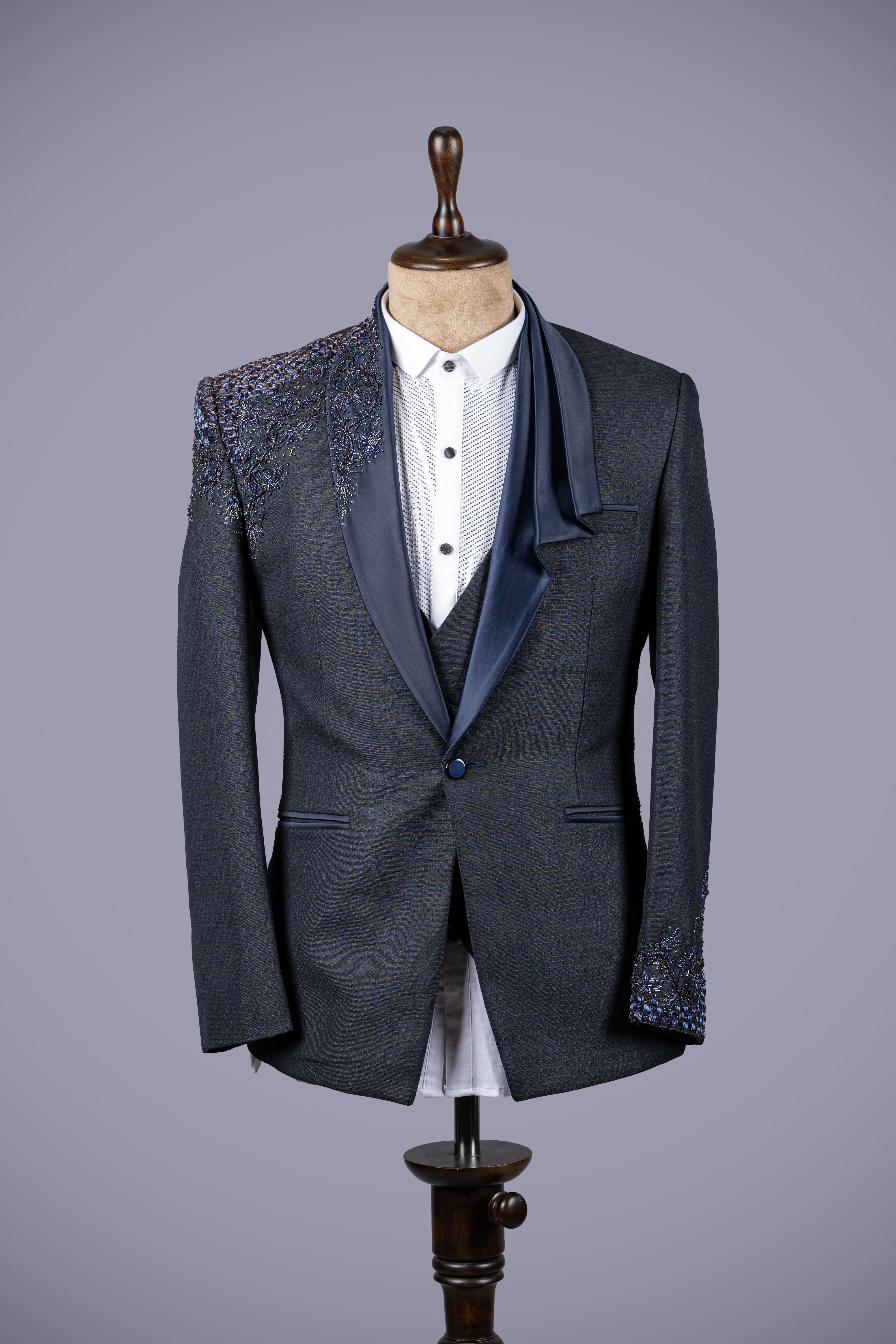 Navy Blue 3-Piece Suit with Hand Embroidery