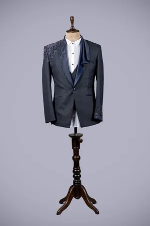 Navy Blue 3-Piece Suit with Hand Embroidery