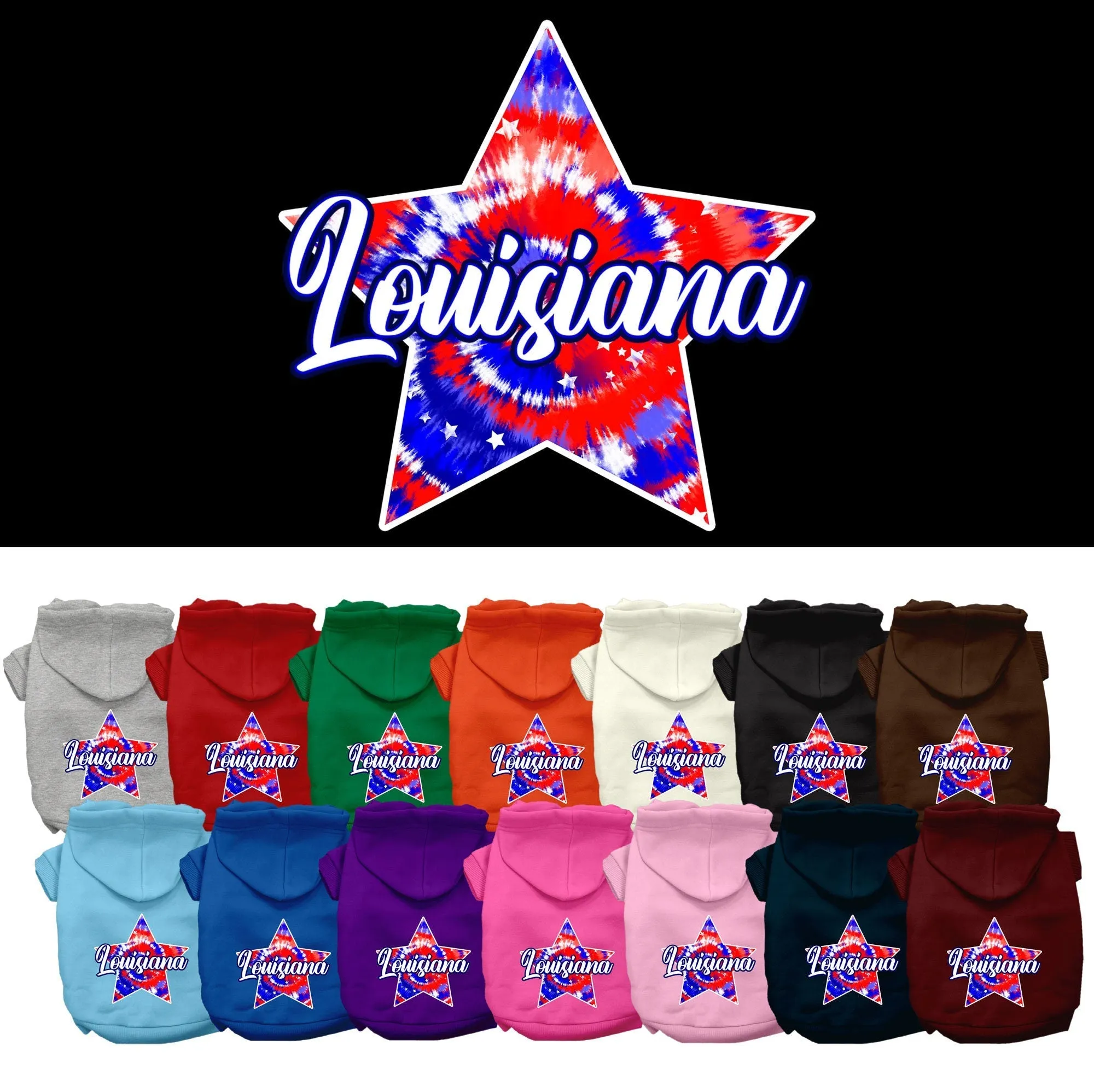 Pet Dog & Cat Screen Printed Hoodie for Medium to Large Pets (Sizes 2XL-6XL), "Louisiana Patriotic Tie Dye"