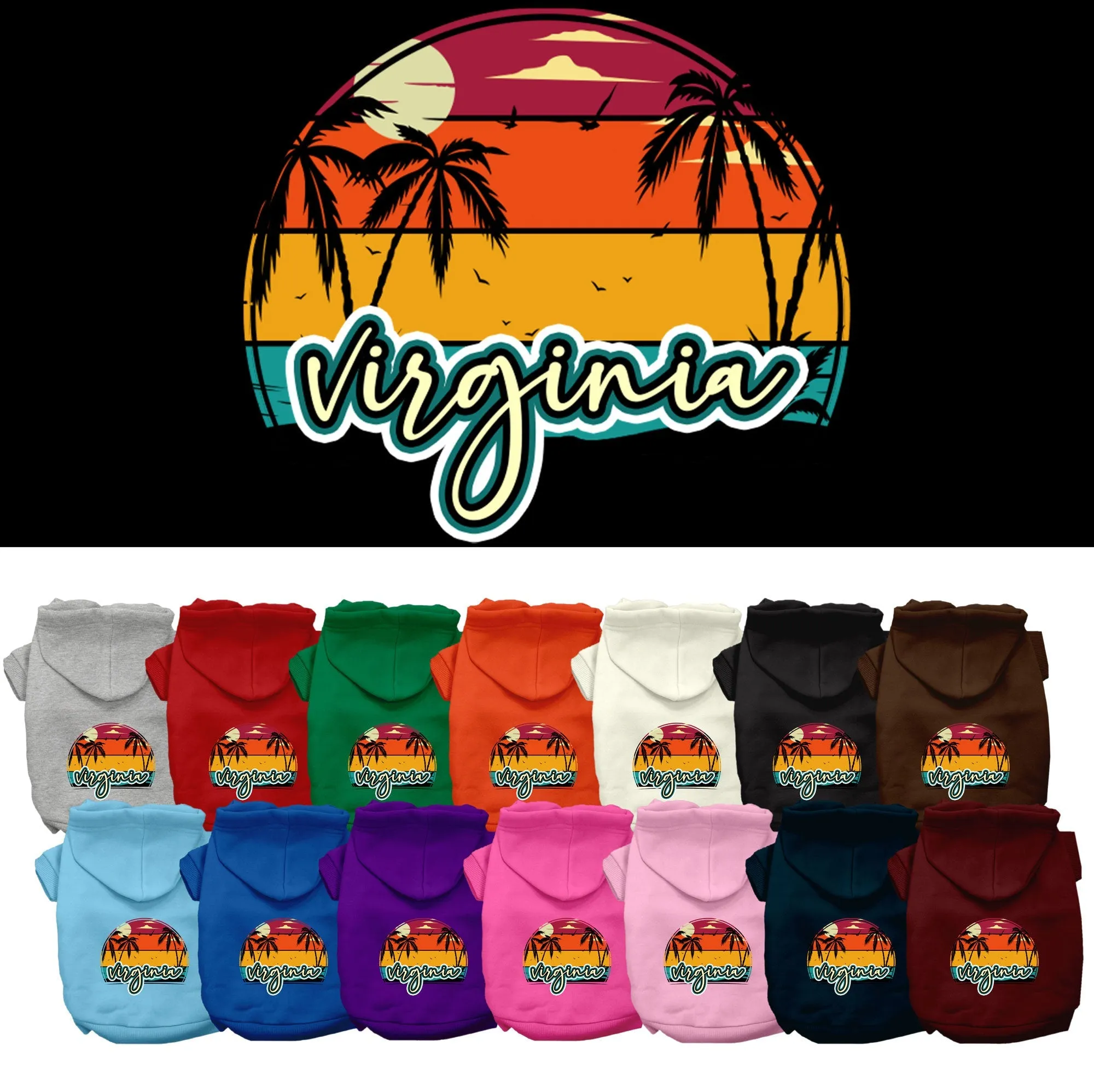 Pet Dog & Cat Screen Printed Hoodie for Medium to Large Pets (Sizes 2XL-6XL), "Virginia Retro Beach Sunset"