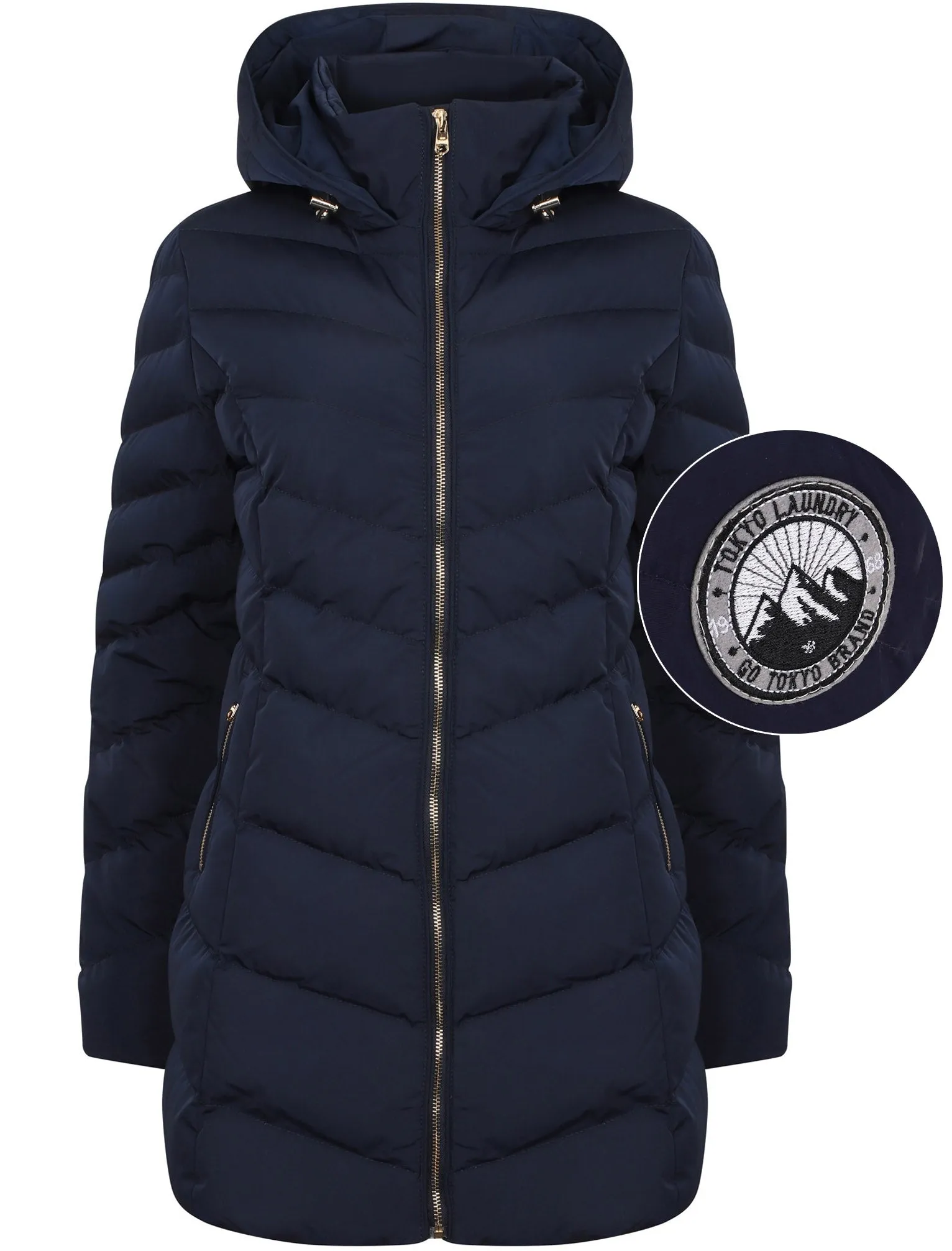 Safflower Longline Quilted Puffer Coat In Peacoat Blue - Tokyo Laundry