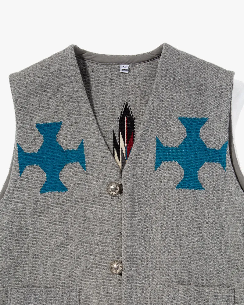 US Vintage Chimayo Vest, Dark Grey with Blue Accents - XL