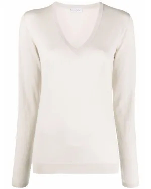 Warm White Cashmere Silk V Neck Sweater