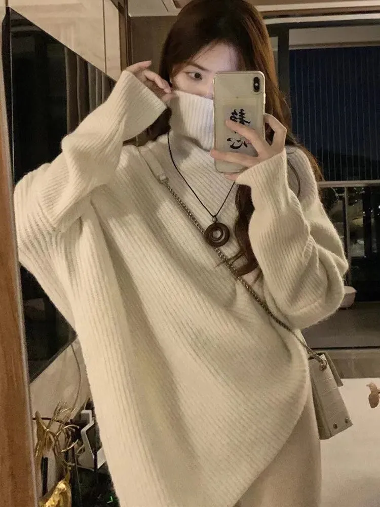 Winter Turtlenecks Women Korean Irregular Knitted Sweater Female Warm Solid Color Pullovers Lady Casual Loose Long Sleeve Jumper FC8510