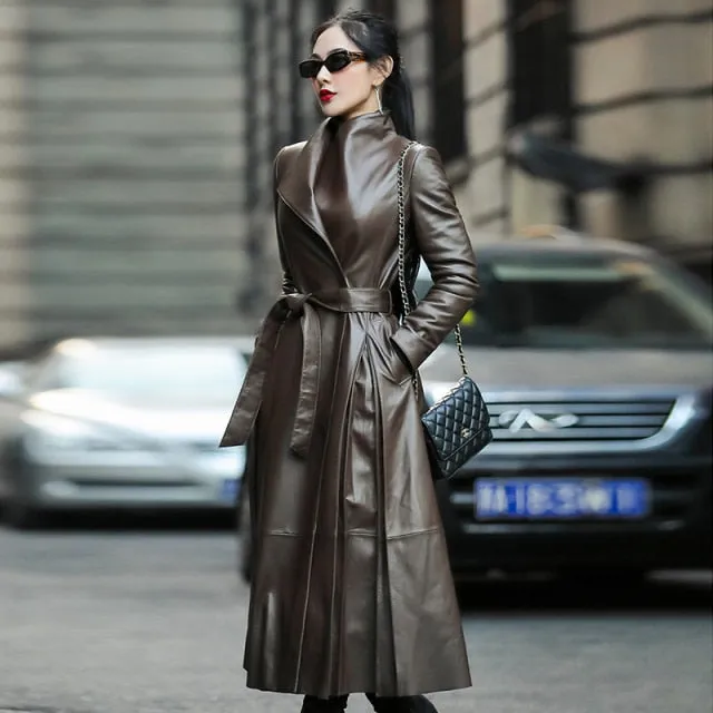 Women Leather Coat | Streetwear Coat | Women Trench Coat | Long Sleeve Coat | Long Trench Coat | Brown Black Long Leather Coat | Belted Coat