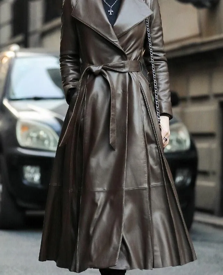 Women Leather Coat | Streetwear Coat | Women Trench Coat | Long Sleeve Coat | Long Trench Coat | Brown Black Long Leather Coat | Belted Coat