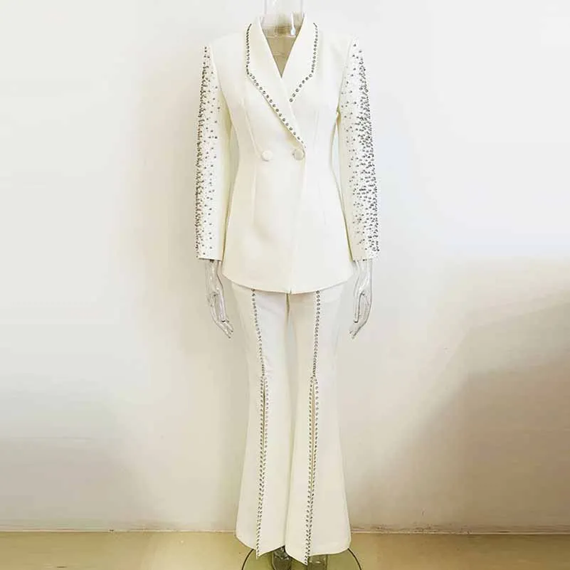 Women Luxury Wedding Suit Nail bead Blazer   Mid-High Rise Flare Trousers Suit Pants Suit