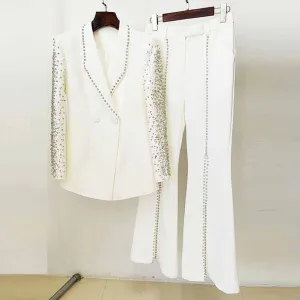 Women Luxury Wedding Suit Nail bead Blazer   Mid-High Rise Flare Trousers Suit Pants Suit