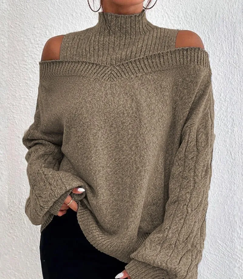 Women's Off-The-Shoulder Pullover Turtleneck Collar Sweater