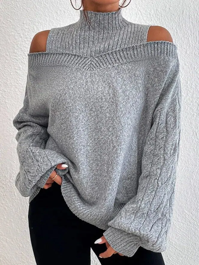 Women's Off-The-Shoulder Pullover Turtleneck Collar Sweater