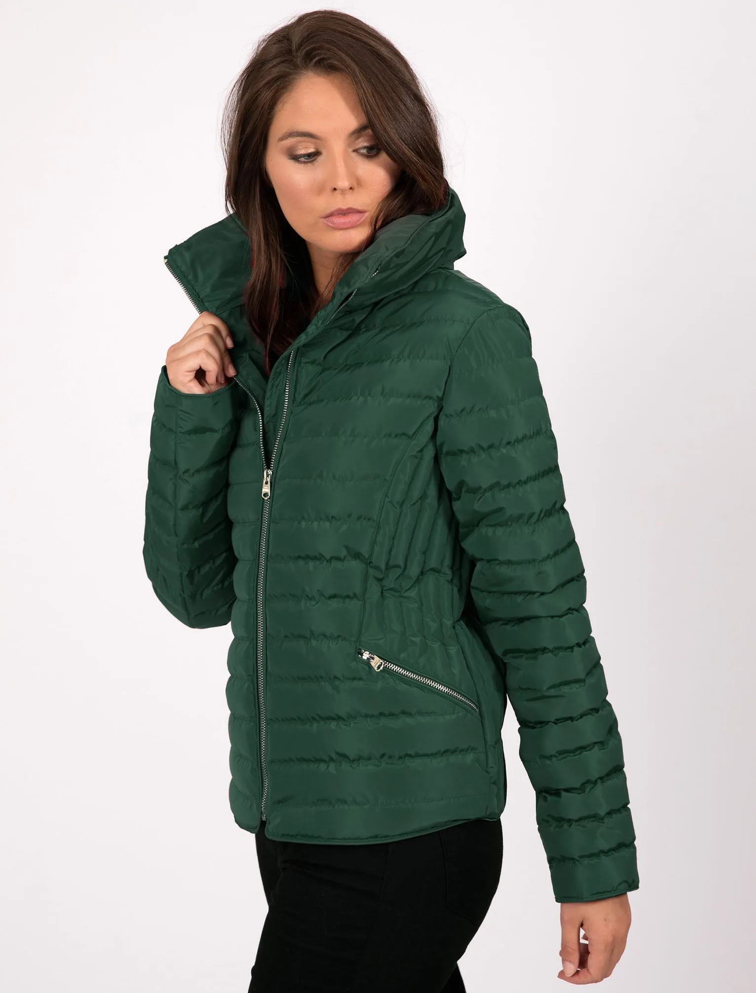 Zelda 2 Funnel Neck Quilted Jacket in Dark Green - Tokyo Laundry